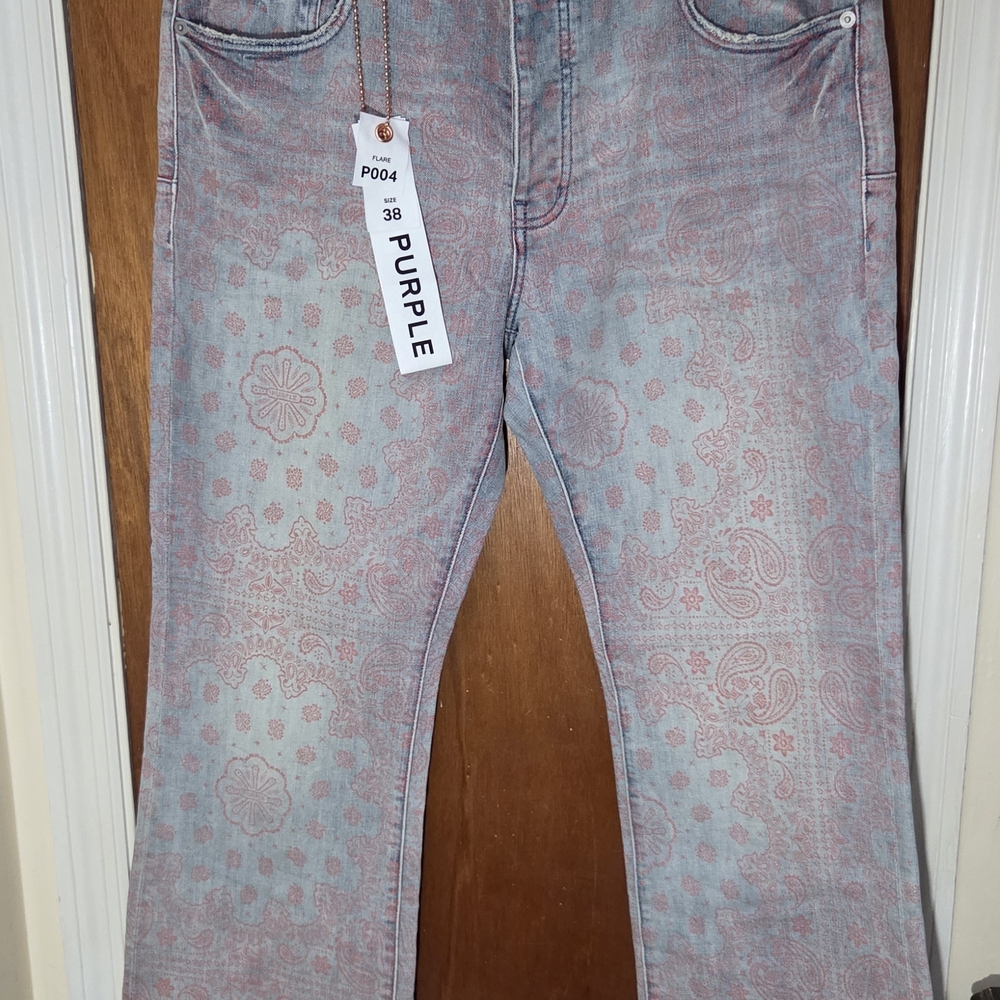 Men's Purple Patterned Bootcut Jeans Size 38